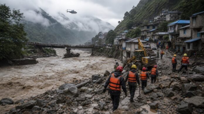 Rescue workers search a flood-damaged Himalayan settlement beside a swollen river in Nepal